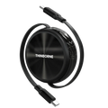 Retractable USB-C to USB-C charging cable by THINBORNE, compact round telescopic data cable, black metallic finish, white background product shot