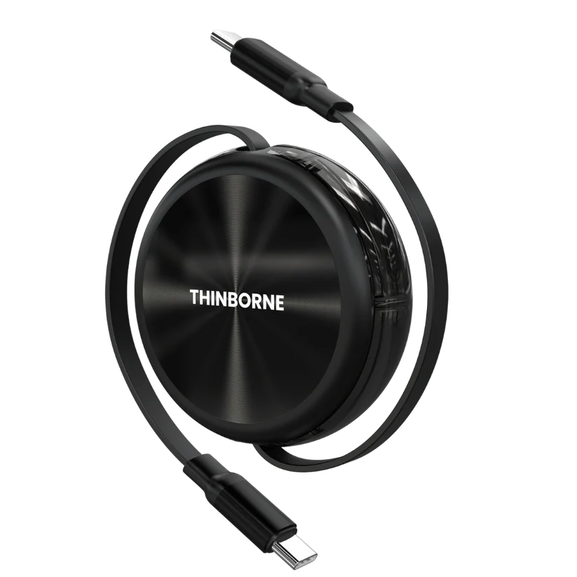 Retractable USB-C to USB-C charging cable by THINBORNE, compact round telescopic data cable, black metallic finish, white background product shot