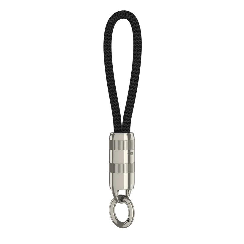 Ultra Short Keychain Cable, compact braided USB cable with metal keyring, portable mini charging lanyard cable, white background product shot